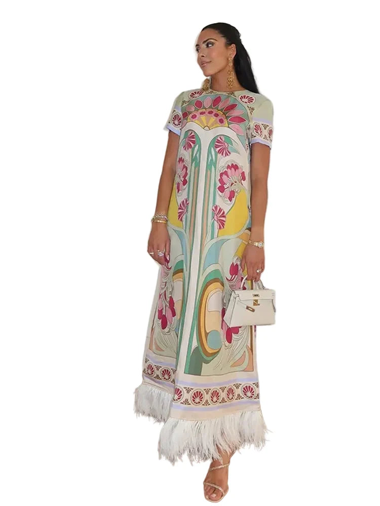 Women Art Floral Print Maxi Dress Short Sleeve Crew Neck