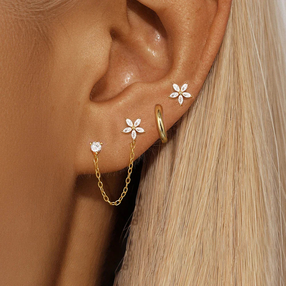 SORI STYLE 3PCS Zircon Flower Ear Stud Earrings — main product shot
