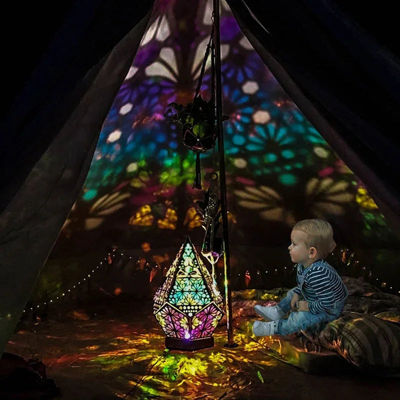 Perfecsy Wooden Hollow LED Projection Night Lamp  Bohemian Colorful Projector Desk Lamp Household Home Decor Holiday Atmosphe