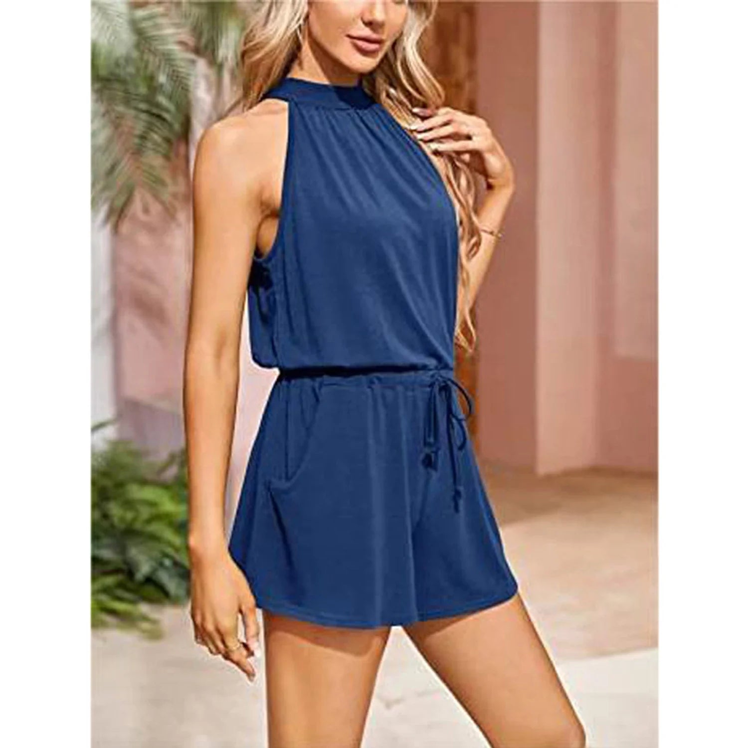 Envy NYC Women's Summer Halter Neck Elastic Waist Solid Color Shorts Jumpsuit Rompers… — main product shot