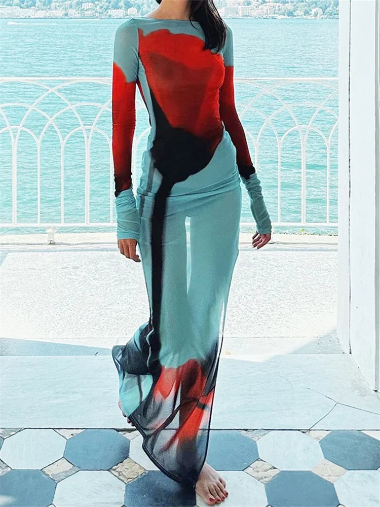 Women's Sheer Mesh Flower Long Dress Long Sleeve Boat Neck Side Split Midi Dress