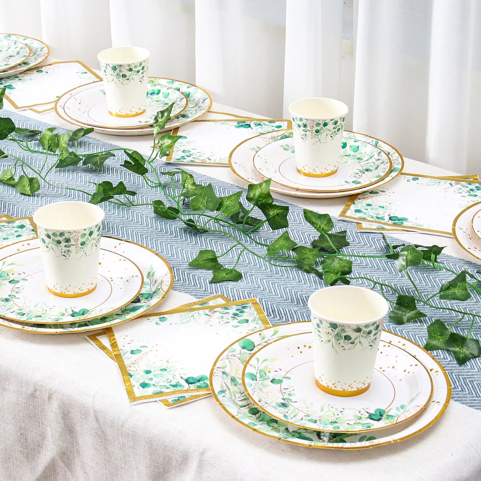 Perfecsy Sage Green Leaves Disposable Tableware Gold Edge Paper Plate Cup Napkins Wedding Decor Birthday Hawaiian Party Decor