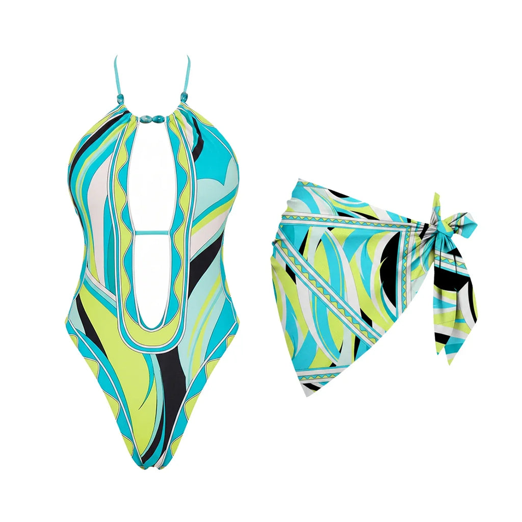 Women's Sexy Shell Belt One Piece Swimsuit With Skirt Two-Piece Set