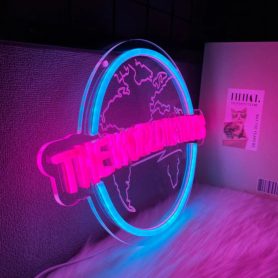Perfecsy The World Is Yours Led Neon Sign, Earth-Shaped Sign 3D Sculpture, Used For Bedroom, Club And Game Room Decor, Powere