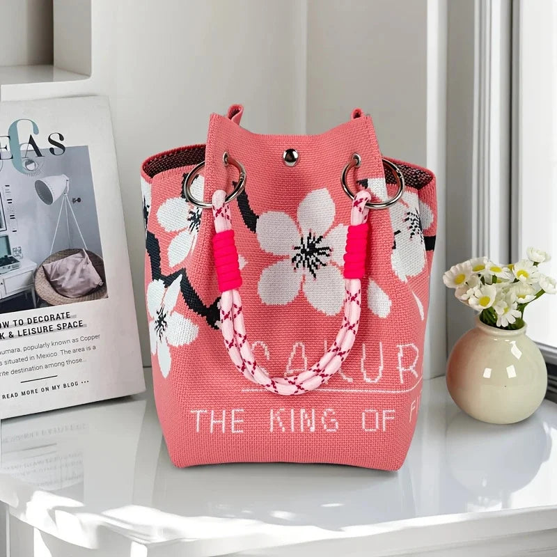 Perfecsy Women's Vintage Floral Knit Tote Bag Storage Bag Lightweight with Adjustable Straps & Metal Rings Snap Closure for C