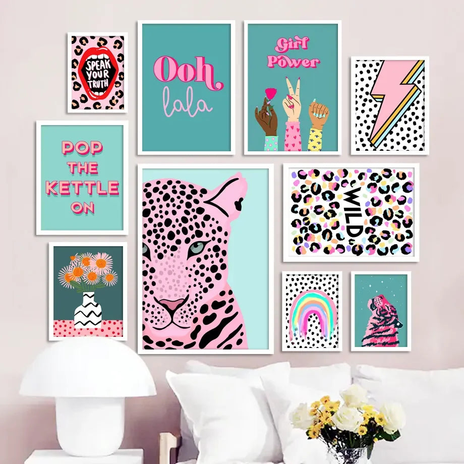 Perfecsy Wild Leopard Tiger Rainbow Girl Power Lips Vase Flower Wall Art Canvas Painting Nordic Poster Wall Picture For Livin