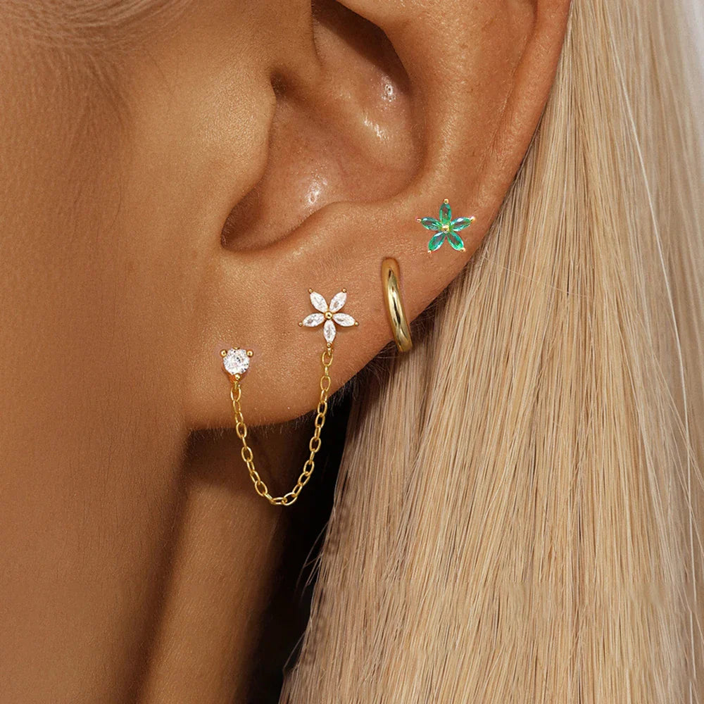 SORI STYLE 3PCS Zircon Flower Ear Stud Earrings — detail close-up