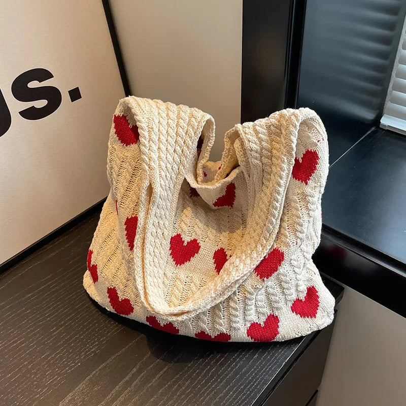 Perfecsy 1pc Knitted Bag, Heart-shaped Tote Bag, Women's Diagonal Shoulder Bag, Fashionable and Personalized Woven Bag — main