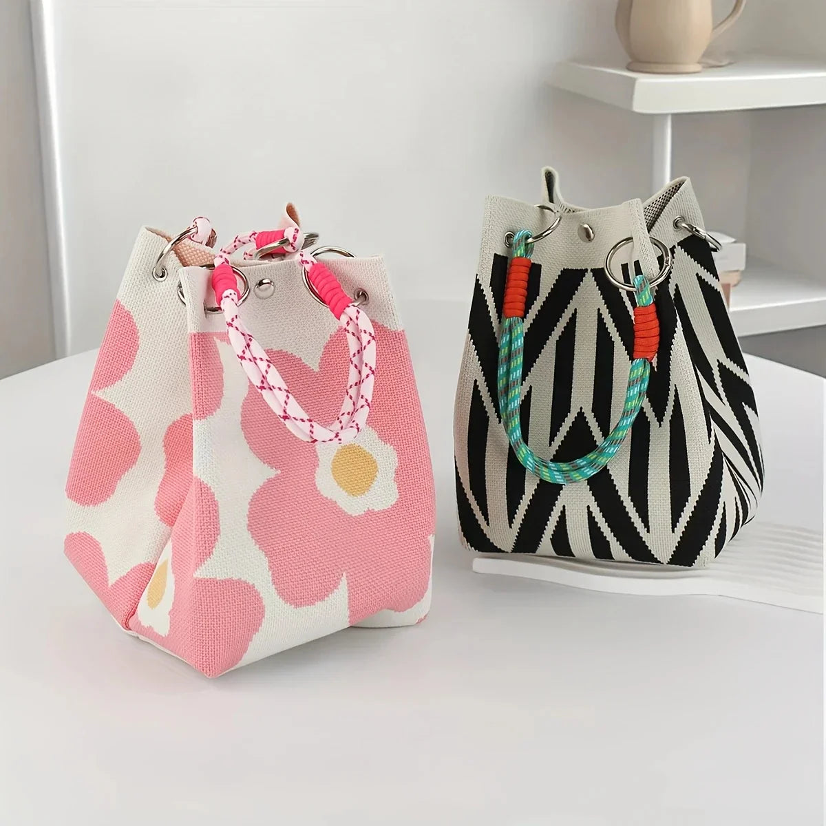 Perfecsy Women's Vintage Floral Knit Tote Bag Storage Bag Lightweight with Adjustable Straps & Metal Rings Snap Closure for C