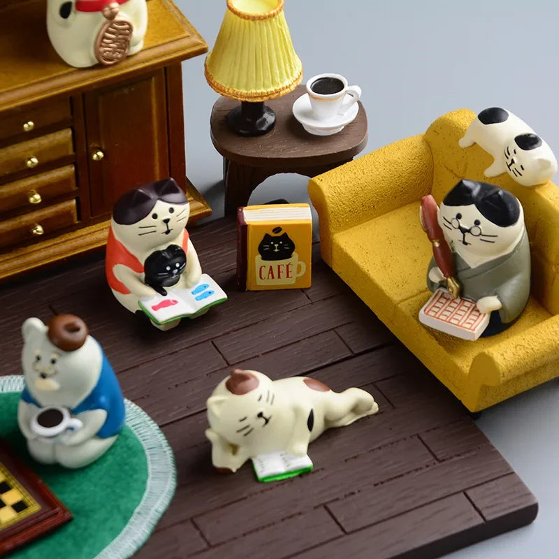 Perfecsy ZAKKA Miniatures Study Bookcase Home Decor Cute Cartoon Cat Retro Desk Gramophone Ornament Crafts Dollhouse Accessor