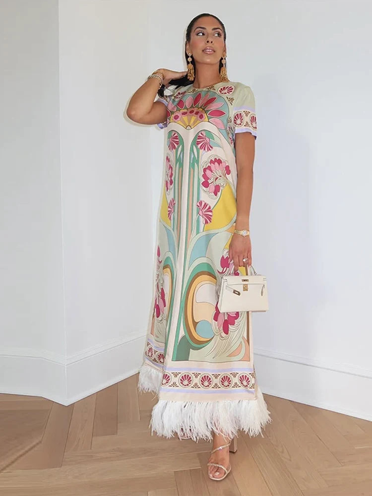 Women Art Floral Print Maxi Dress Short Sleeve Crew Neck