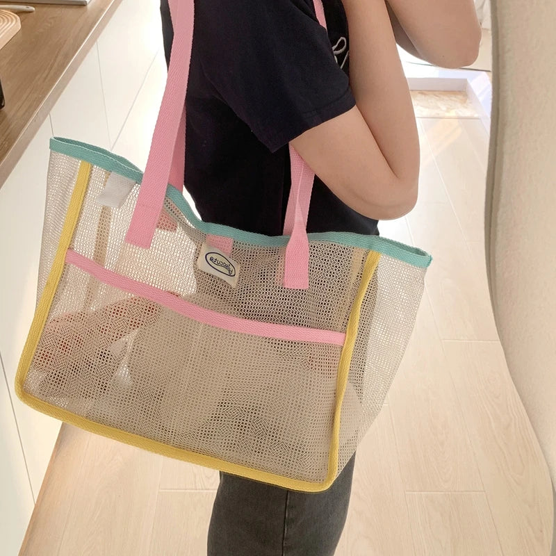Perfecsy Ladies Summer Transparent Mesh Breathable Handbag Outdoor Beach Shower Handbag Large Capacity Beach Bags Portable Sw