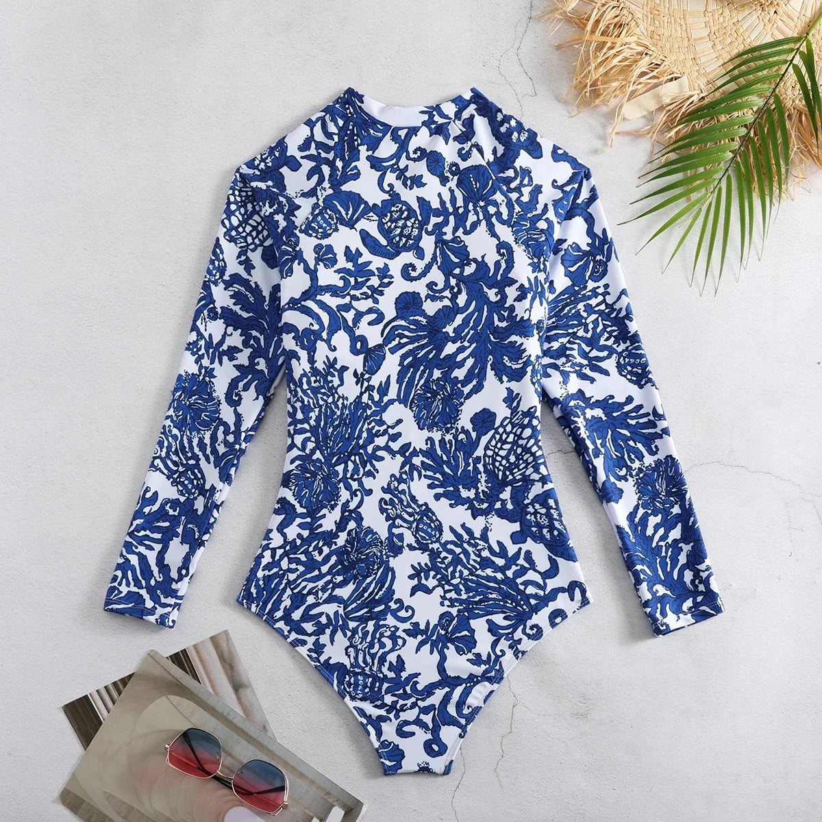 WAVECHO Women's Long Sleeve Zip Front One Piece Swimsuit Floral