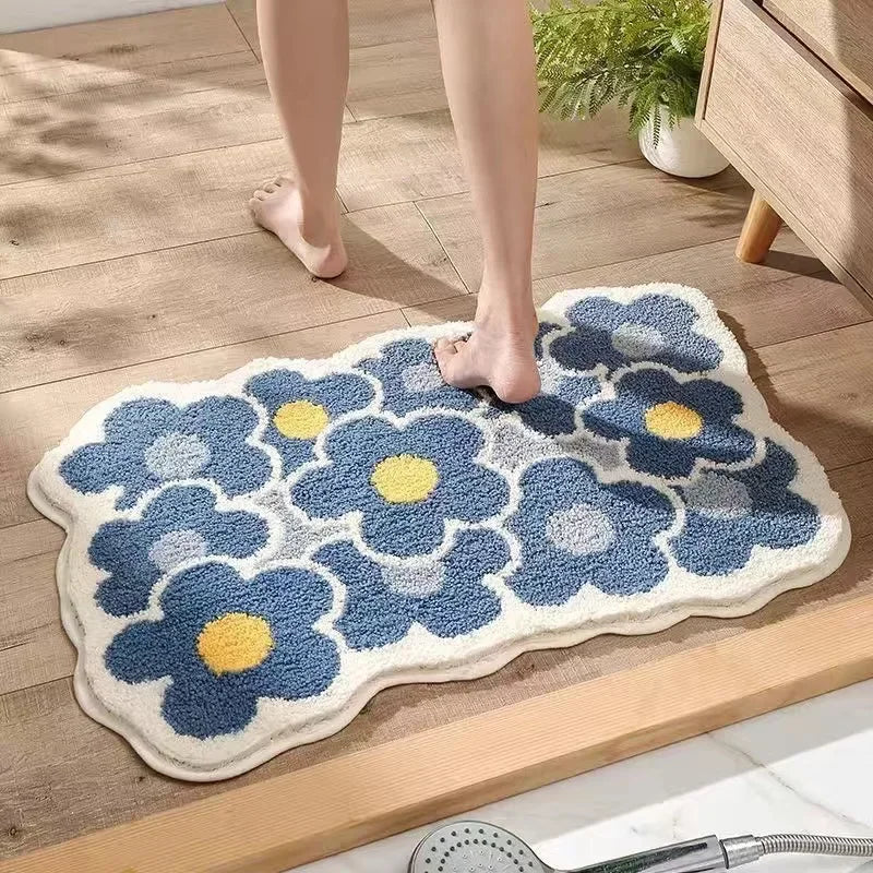 Perfecsy VIKAMA | Fresh Floral Imitation Cashmere Rug - Non-Slip, Absorbent Bathroom Mat/Living Room Doormat/Multi-Purpose Fo