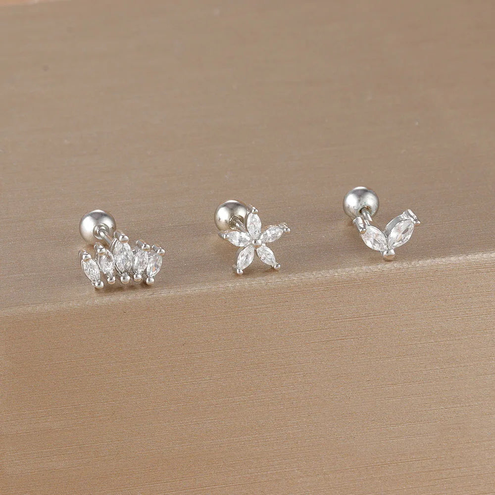 SORI STYLE 3PCS Crown Stud Earring Set for Women — flat-lay composition