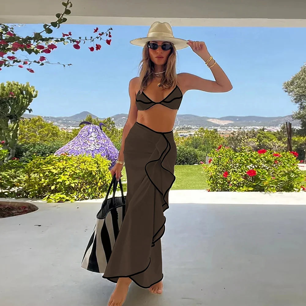 Women's 3 Piece Micro Bikini Set With Long Skirt Beachwear Cover Up