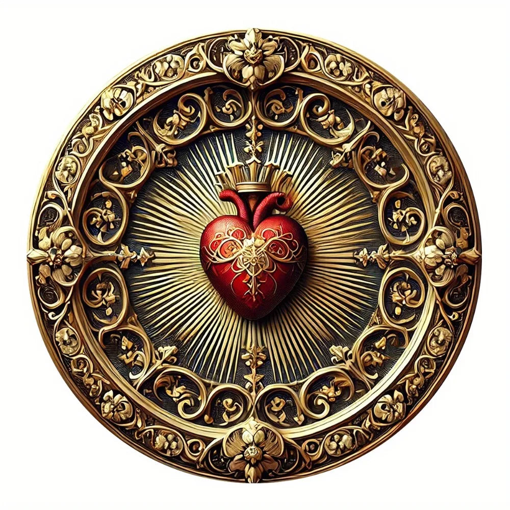 Perfecsy Vintage Sacred Heart Aluminum Wall Art - Golden Red Religious Decor, Home Office Spiritual Art — alternative angle