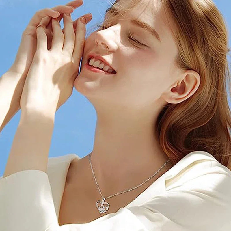 SORI STYLE Elegant Paw Shaped Double Heart CZ Pendant Necklace — back view