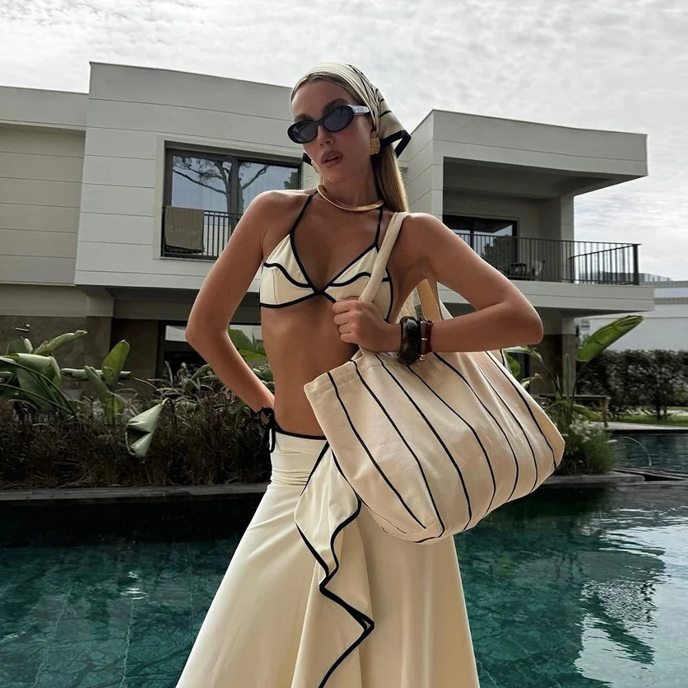 Women's 3 Piece Micro Bikini Set With Long Skirt Beachwear Cover Up