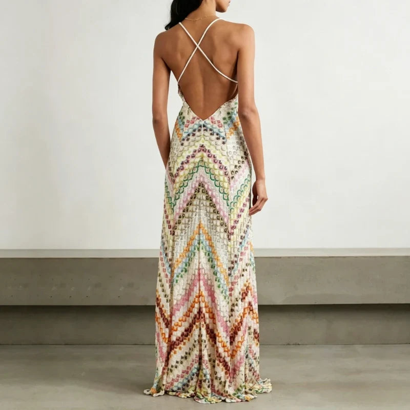 Bohemian Chevron Halter Maxi Dress Deep V-Neck Backless