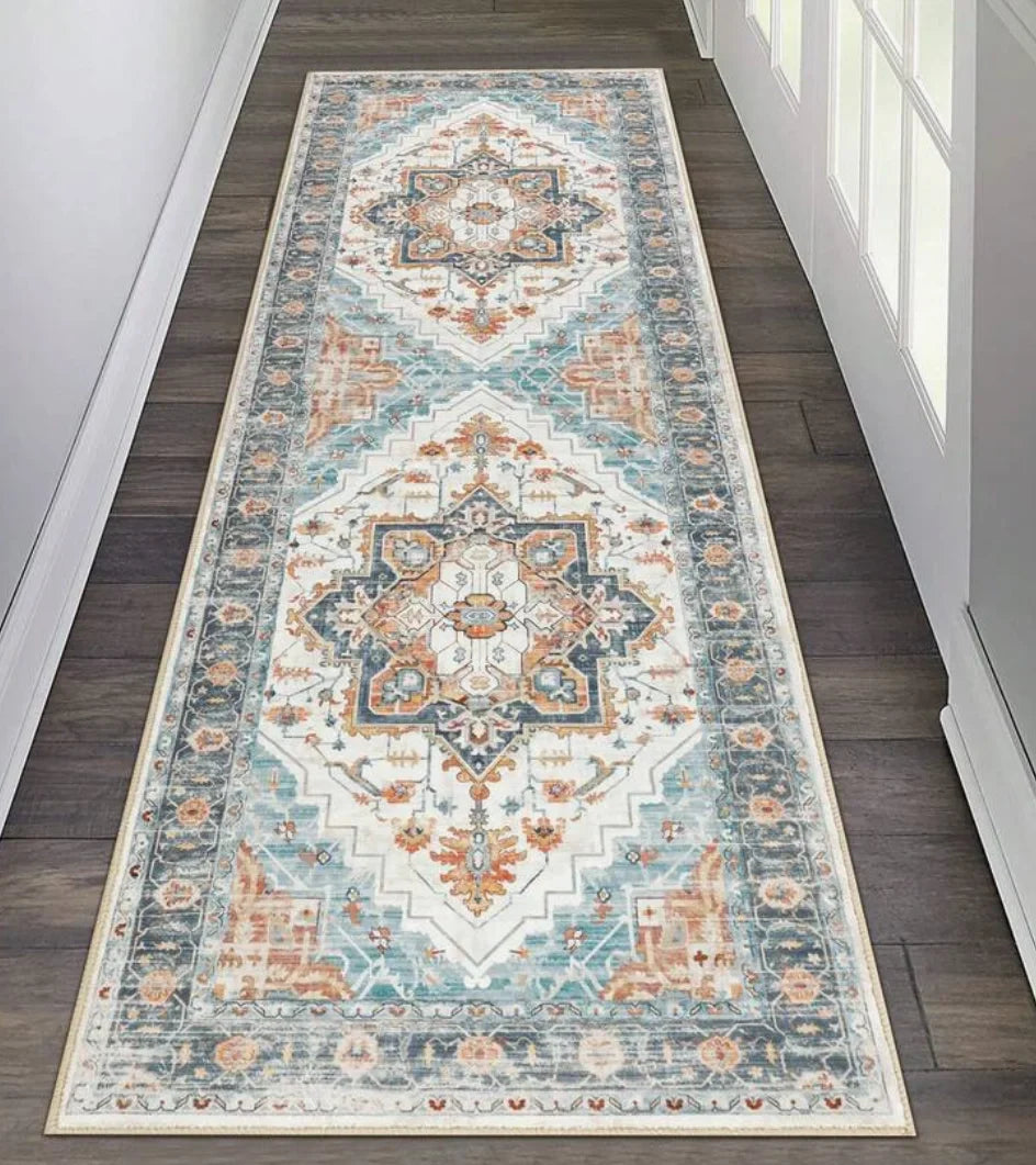 Perfecsy Vintage Pattern & Minimalist Stripe Long Runner Rug Retro Style Mat Non Slip Durable for Hallway Living Room Entrywa
