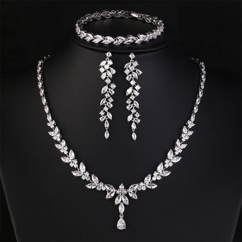Brilliant Zirconia Leaf Necklace, Earrings & Bracelet Set