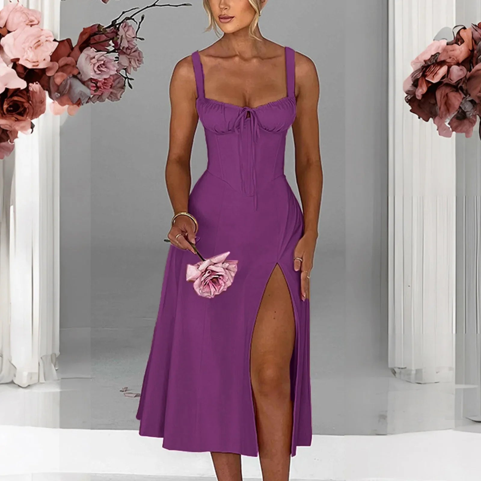 Envy NYC Envy NYC Square Neck Lace Up Corset Midi Dress — construction detail