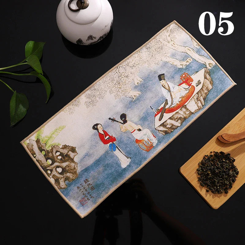 Perfecsy 1pc Chinese Painted Thick Tea Towel Super Absorbent Table Mats Suede Professional Rag Tea Mat Napkin High-end Tea Ac