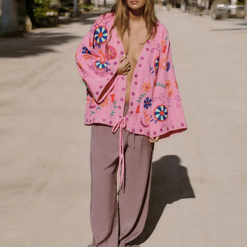 Women's V-Neck Lace Up Flare Cardigan Embroidered Pink