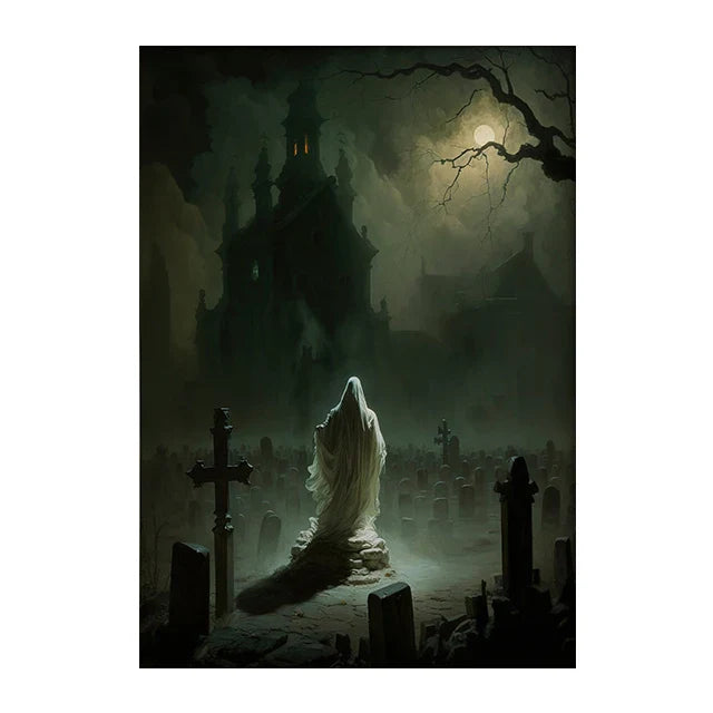 Perfecsy Retro Crow Witch Bat Skull Dark Academia Gothic Victorian Style Wall Art Canvas Painting Poster Print Halloween Gift