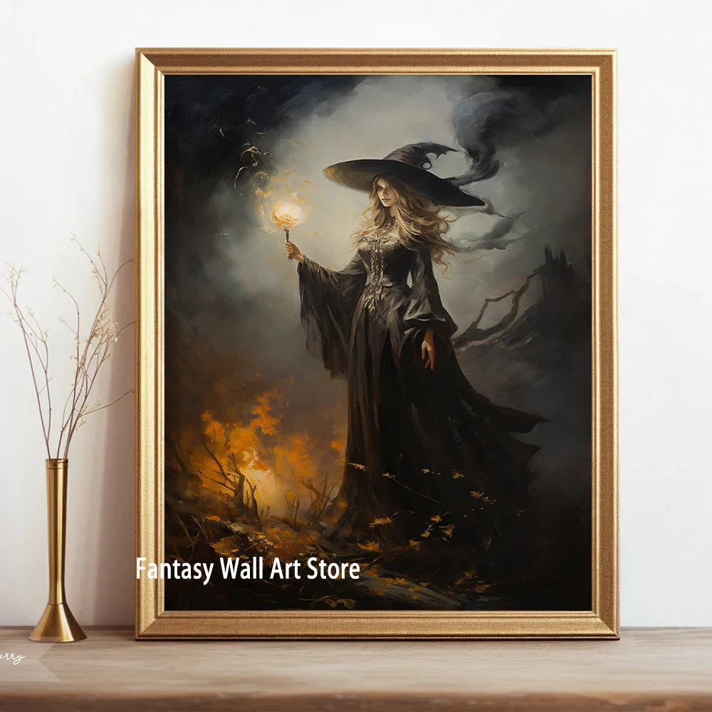 Perfecsy Witch Magical Art Print Witch with Full Moon Wall Decor Darkness Witches Painting Wall Decor Canvas Poster Dark Roma