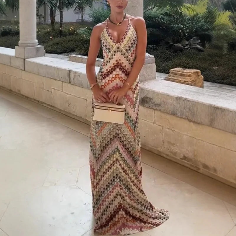 Bohemian Chevron Halter Maxi Dress Deep V-Neck Backless