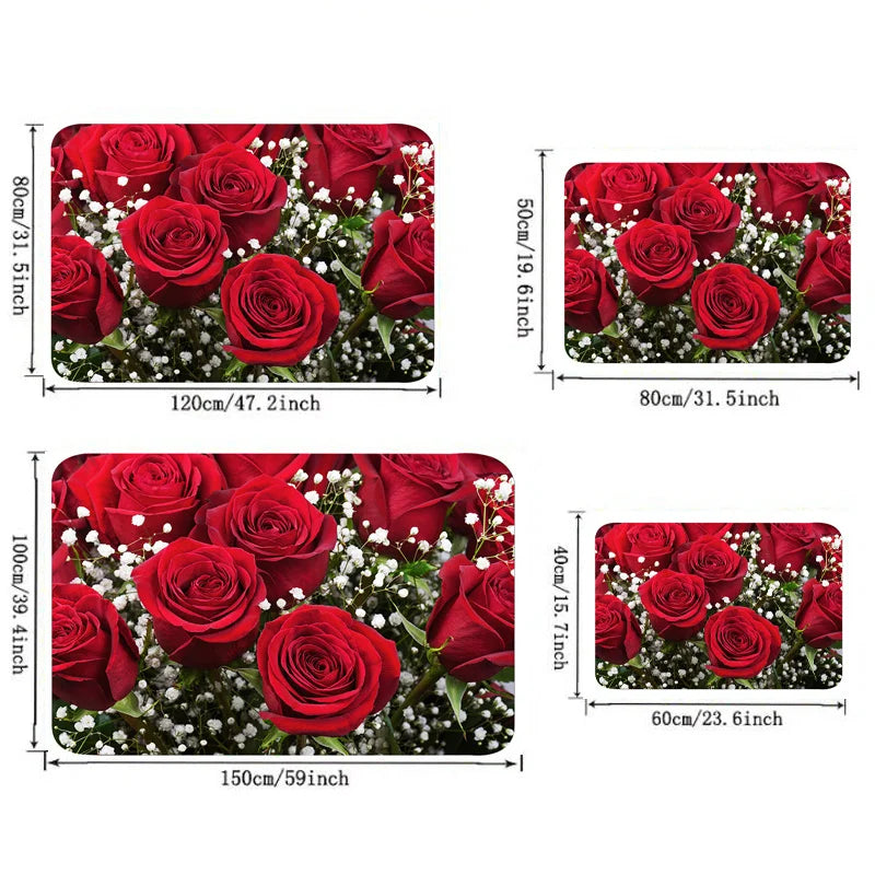 Perfecsy VIKAMA 1/2pc Valentine's Day Romantic Rose Print Rug, Non-Slip, Dirt-Proof. For Kitchen, Bathroom, Entrance Home Dec