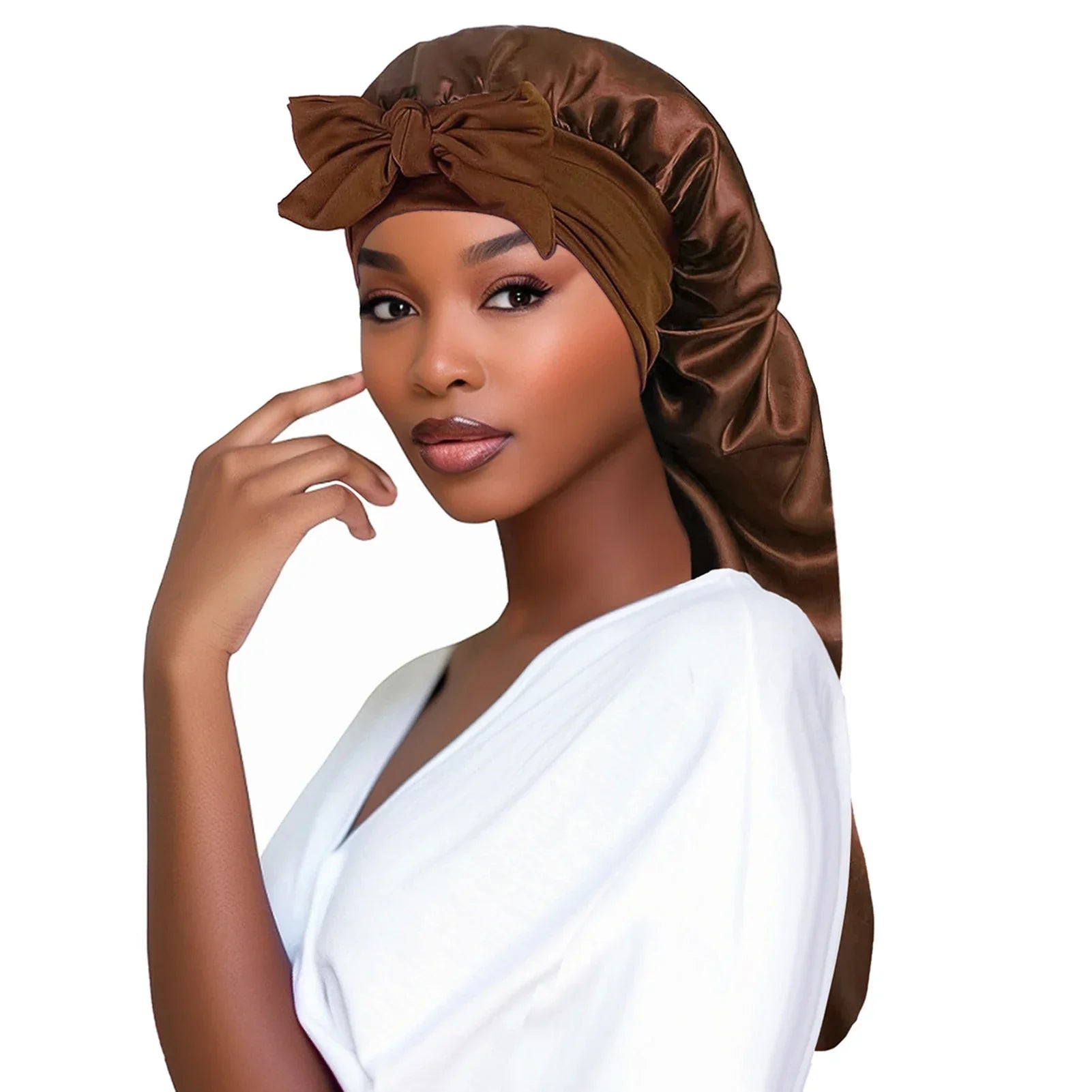 Perfecsy Women Bonnet Satin Sleeping Hat Long Tail Braid Hair Night Sleep Cap Head Cover Bonnets Shower Caps for Sauna Bathin