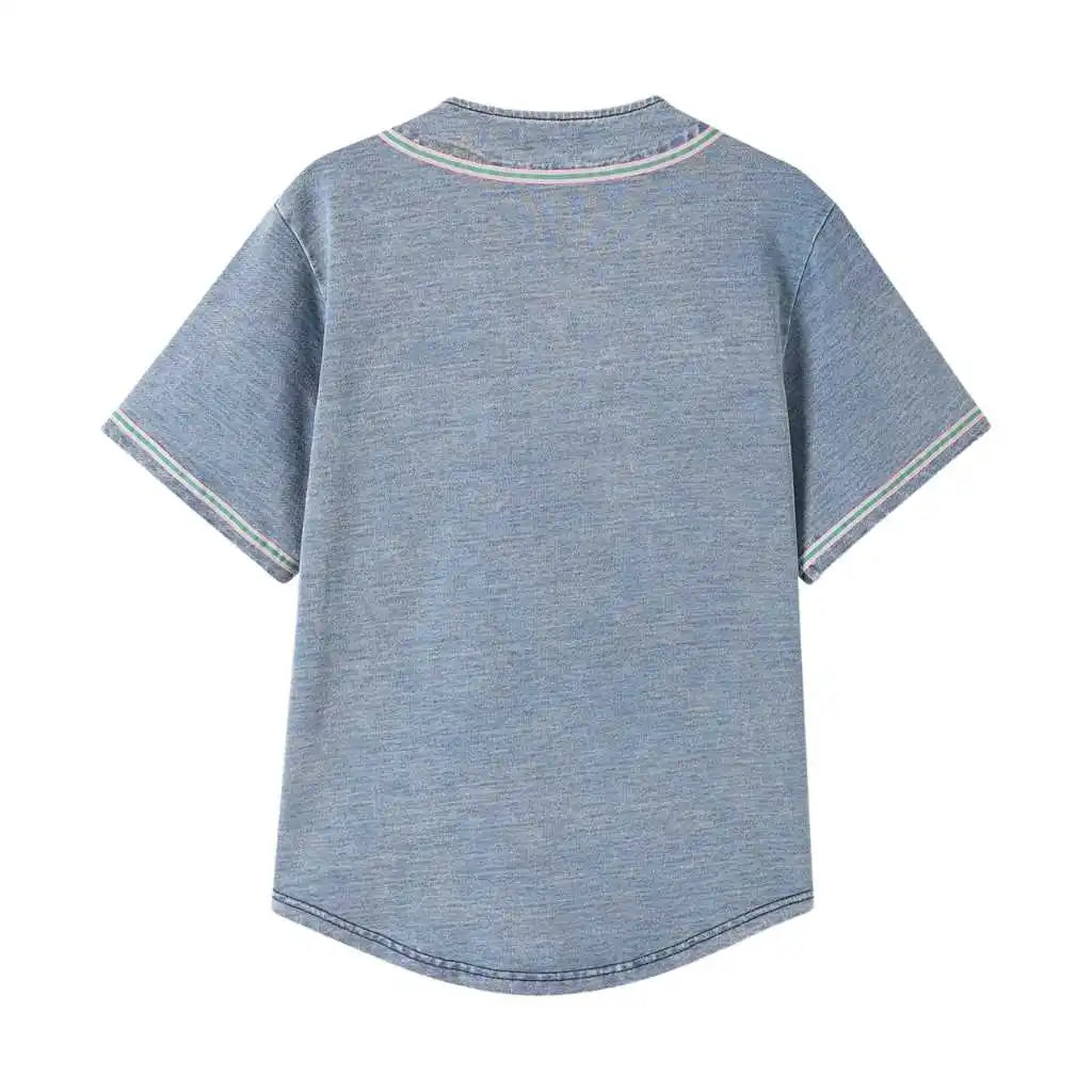 Greek Letter Embroidered Button Women's Denim Baseball Jersey Light Blue