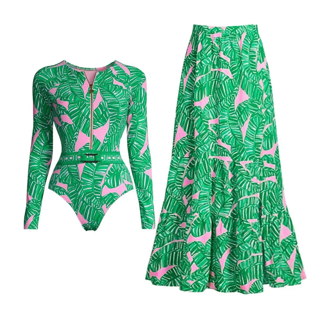 WAVECHO Women's Long Sleeve Zip Front One Piece Swimsuit Floral