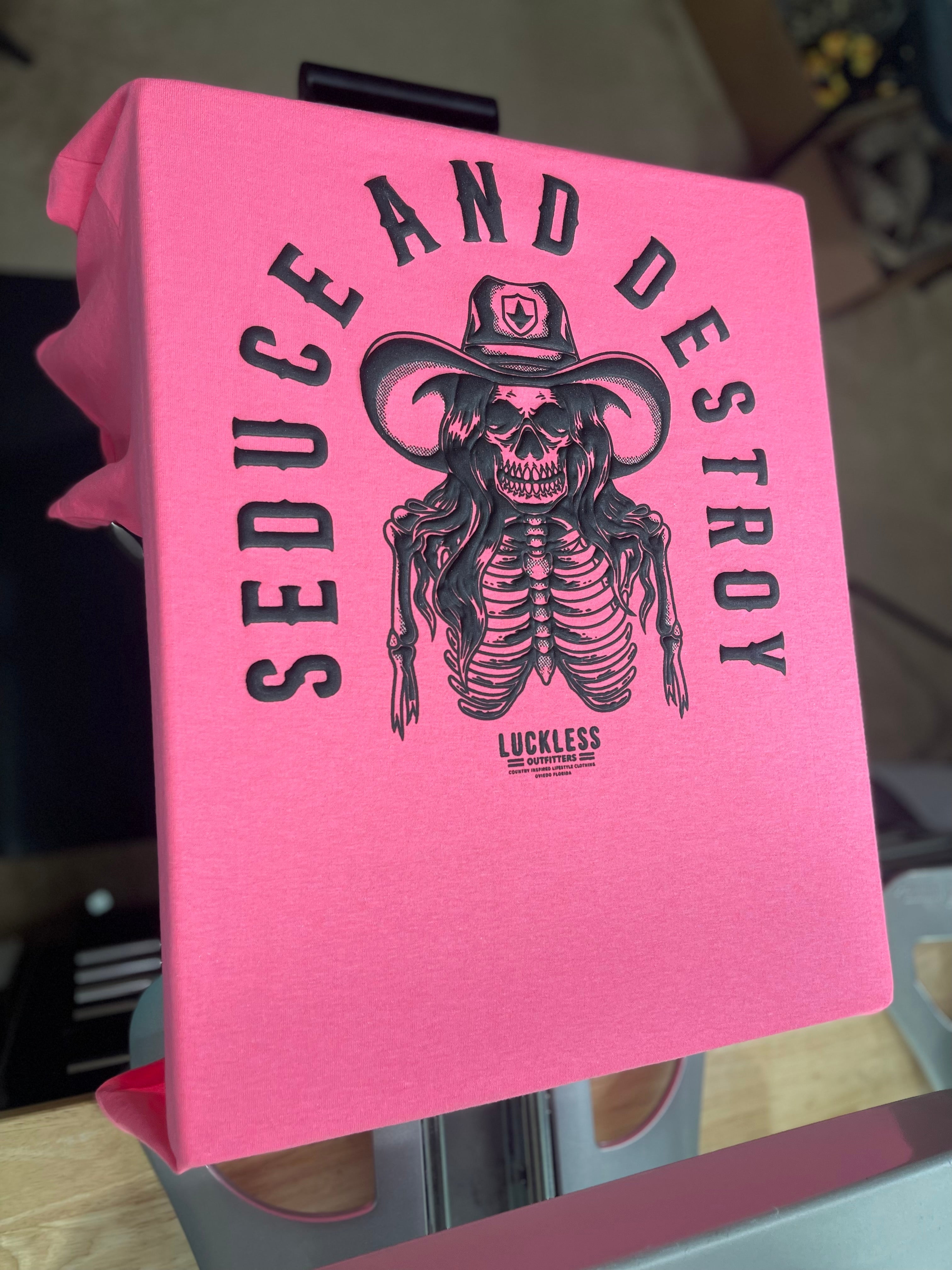 Luckless Outfitters Seduce and Destroy Tee — detail close-up