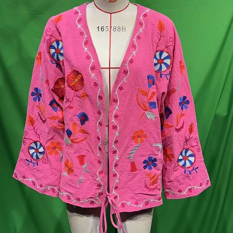 Women's V-Neck Lace Up Flare Cardigan Embroidered Pink