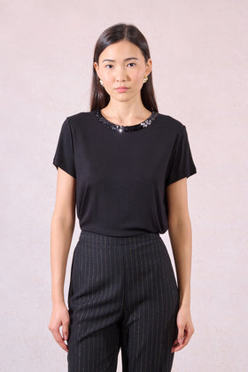 Sequin Collar Short Sleeve Top