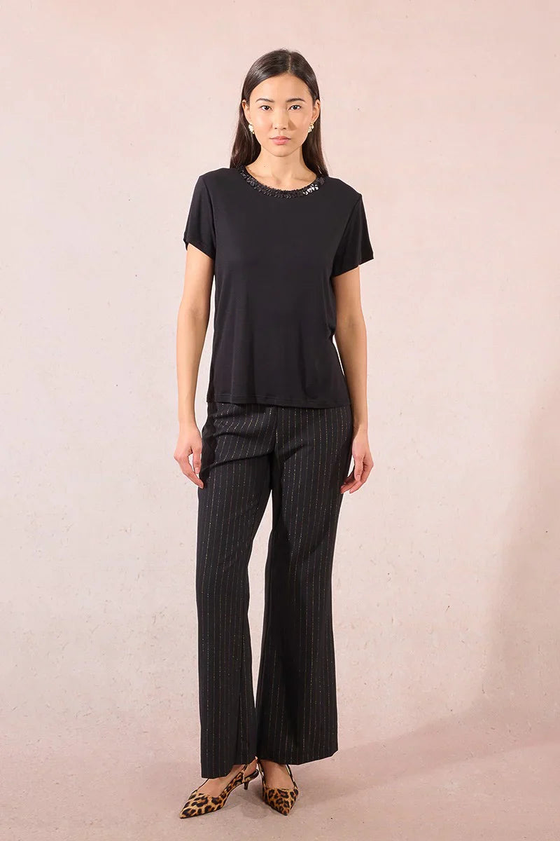 KADOU BOUTIQUE Sequin Collar Short Sleeve Top — lifestyle context