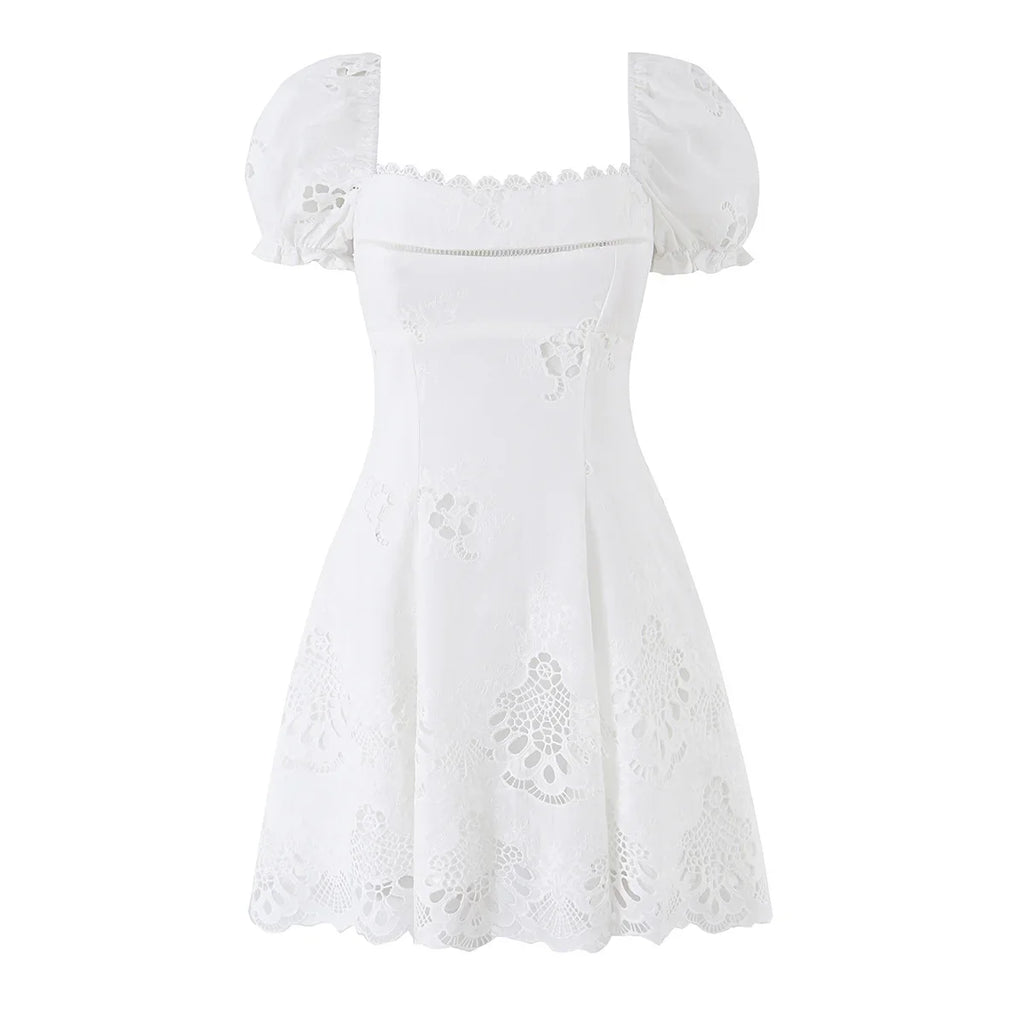 Women's Cotton Lace Embroidered Hollow Out Bubble Sleeve A-Line Mini Dress