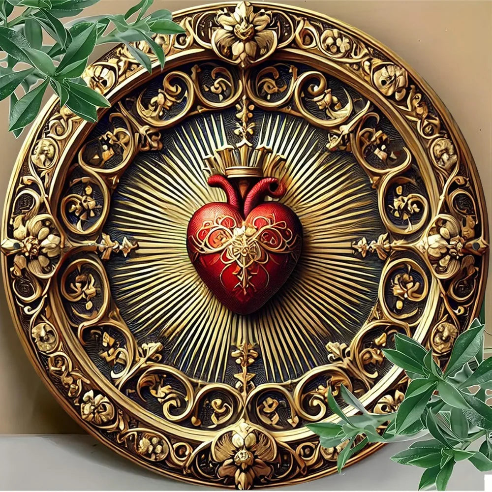 Perfecsy Vintage Sacred Heart Aluminum Wall Art - Golden Red Religious Decor, Home Office Spiritual Art — main product shot