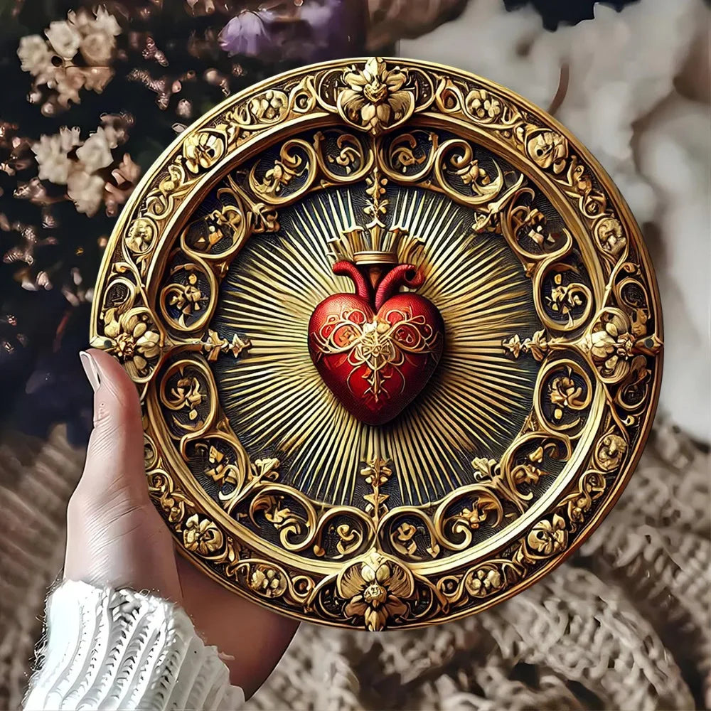Perfecsy Vintage Sacred Heart Aluminum Wall Art - Golden Red Religious Decor, Home Office Spiritual Art — lifestyle context
