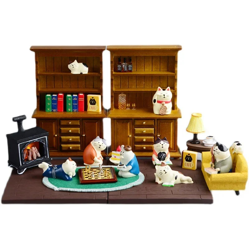 Perfecsy ZAKKA Miniatures Study Bookcase Home Decor Cute Cartoon Cat Retro Desk Gramophone Ornament Crafts Dollhouse Accessor