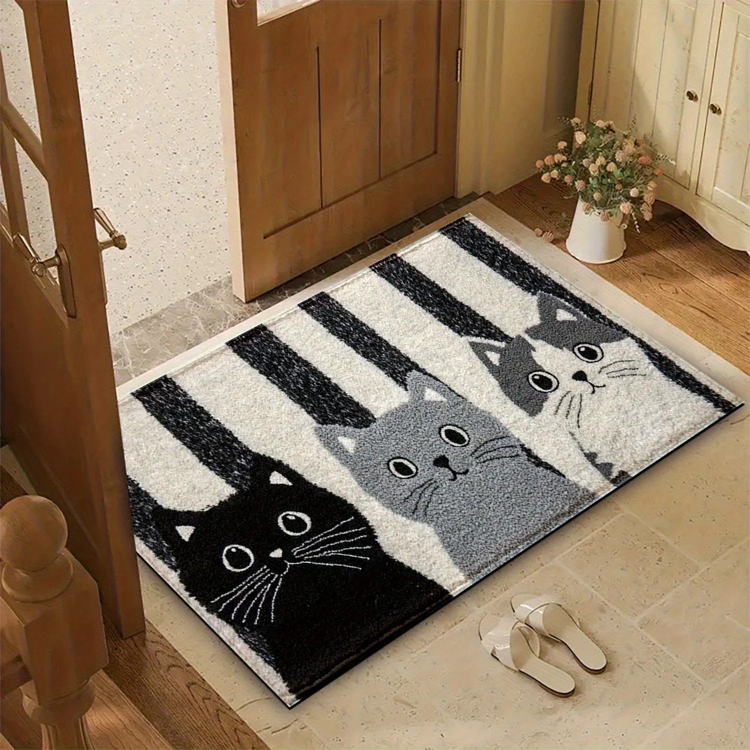 Perfecsy VIKAMA Striped Cartoon Cat Carpet Soft Doormat Waterproof Floor Mat Rug For Bedroom Carpet For Live Room Outdoor Car