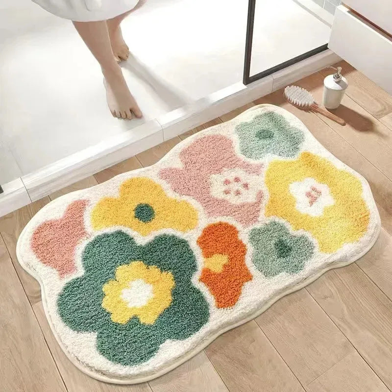 Perfecsy VIKAMA | Fresh Floral Imitation Cashmere Rug - Non-Slip, Absorbent Bathroom Mat/Living Room Doormat/Multi-Purpose Fo