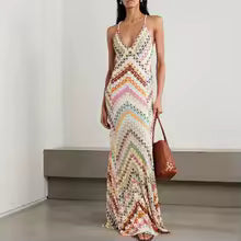 Bohemian Chevron Halter Maxi Dress Deep V-Neck Backless