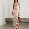 Bohemian Chevron Halter Maxi Dress Deep V-Neck Backless