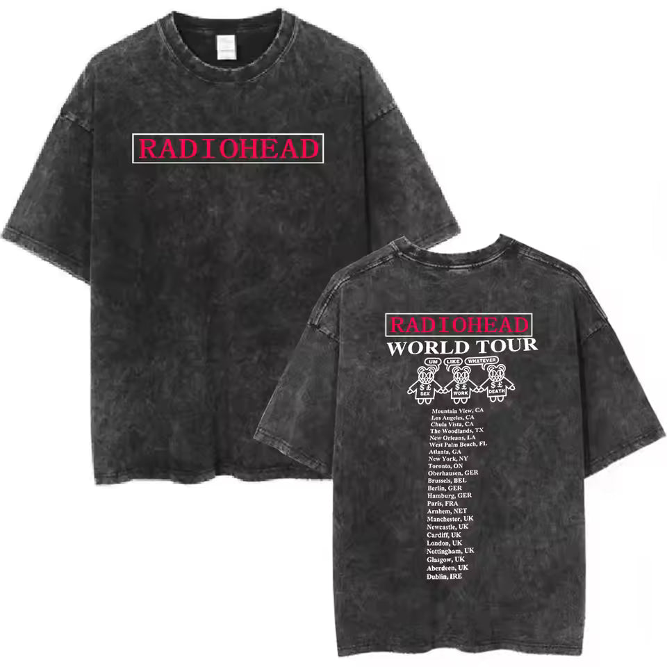 Radiohead Rock Band Washed Cotton T-Shirt – Retro Alternative Rock Graphic Tee, Vintage Distressed Heavyweight Style Unisex Concert Top