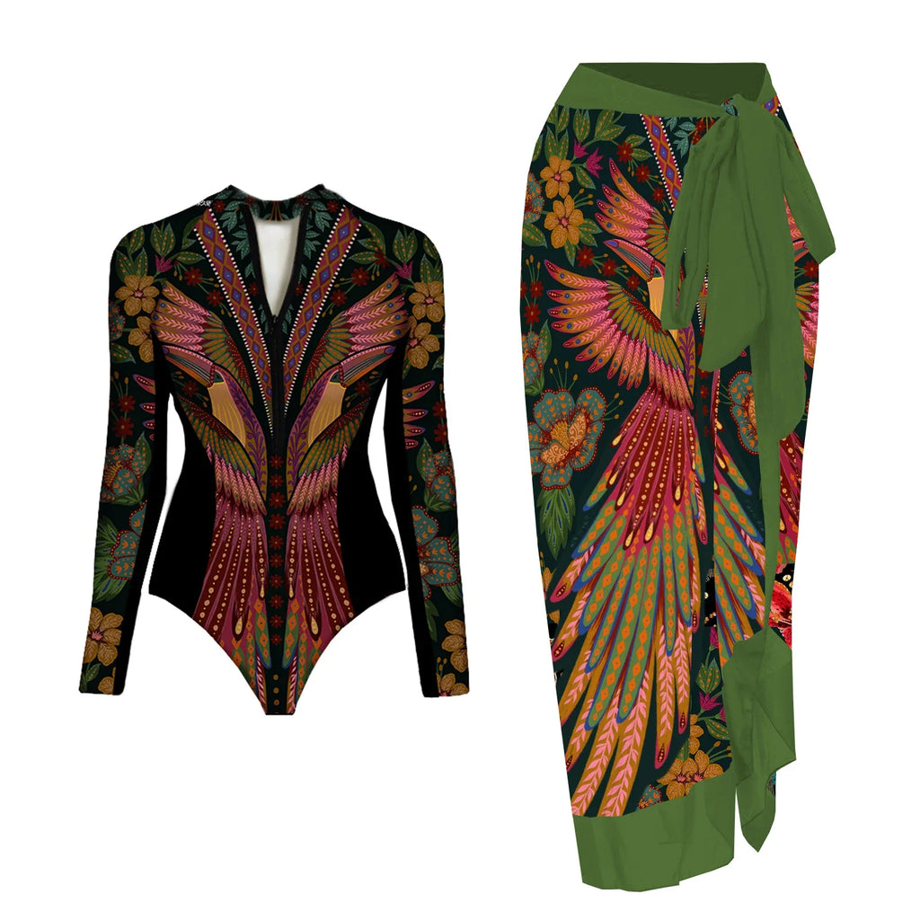 WAVECHO Women's Long Sleeve Zip Front One Piece Swimsuit Floral